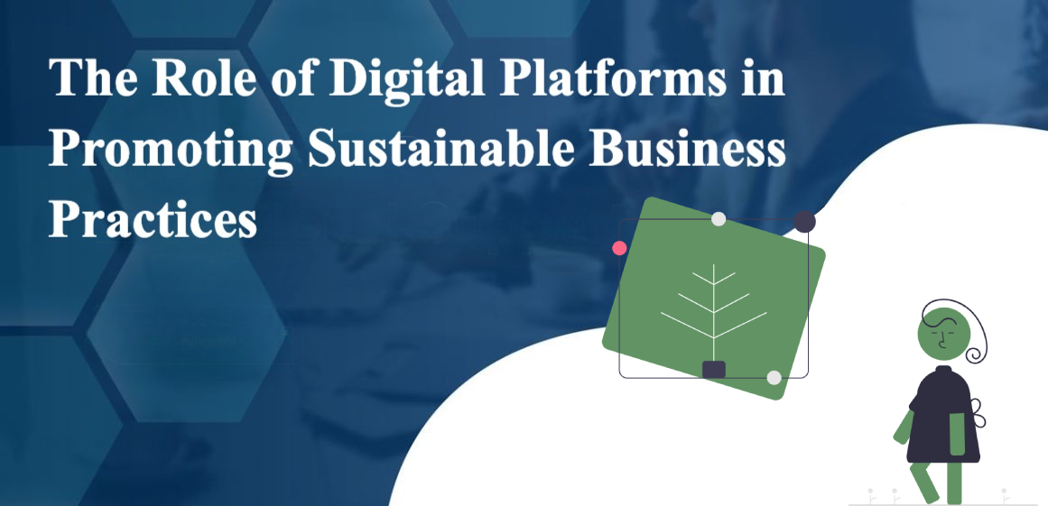 Digital platforms promoting sustainable business practices with abstract graphics and a green theme.